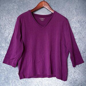 Liz Claiborne 3/4 Sleeve V-Neck Pima Cotton Top, Purple, 2X